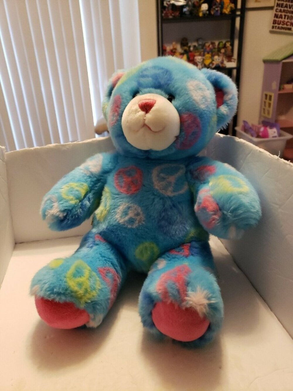 Build a Bear BAB Workshop Peace Sign ~14" Plush Blue with Pink Nose